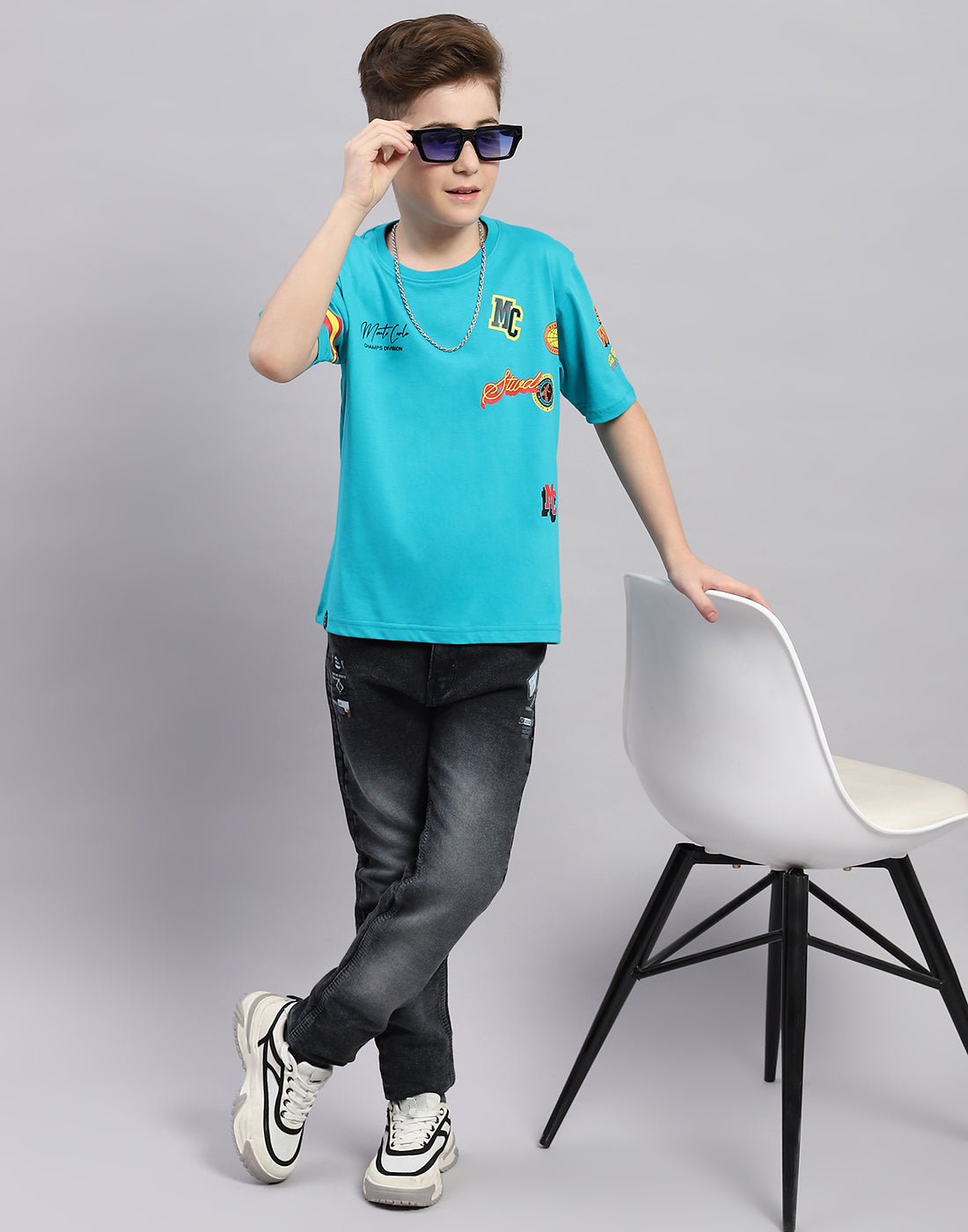 Boys Blue Printed Round Neck Half Sleeve T-Shirt