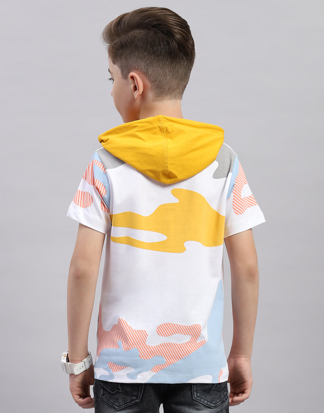 Boys White Printed Hooded Half Sleeve T-Shirt