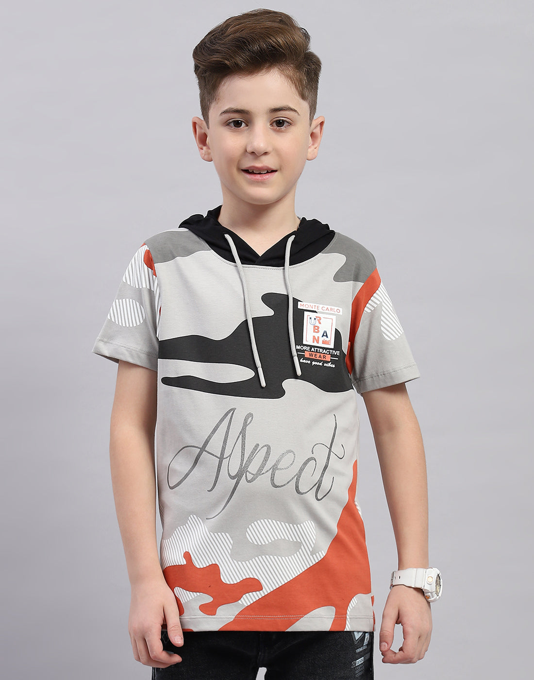 Boys Grey Printed Hooded Half Sleeve T-Shirt