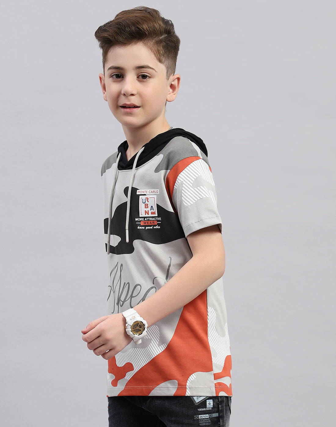 Boys Grey Printed Hooded Half Sleeve T-Shirt