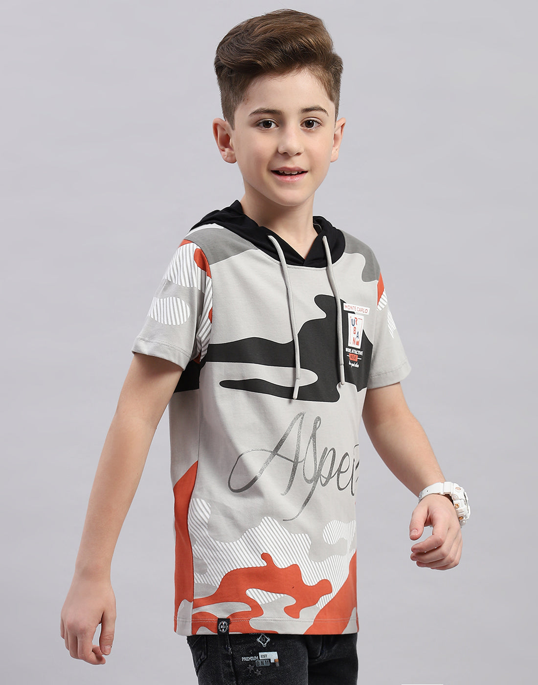 Boys Grey Printed Hooded Half Sleeve T-Shirt