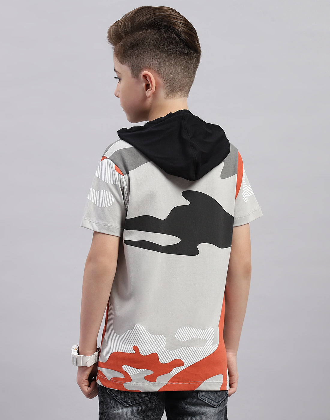 Boys Grey Printed Hooded Half Sleeve T-Shirt