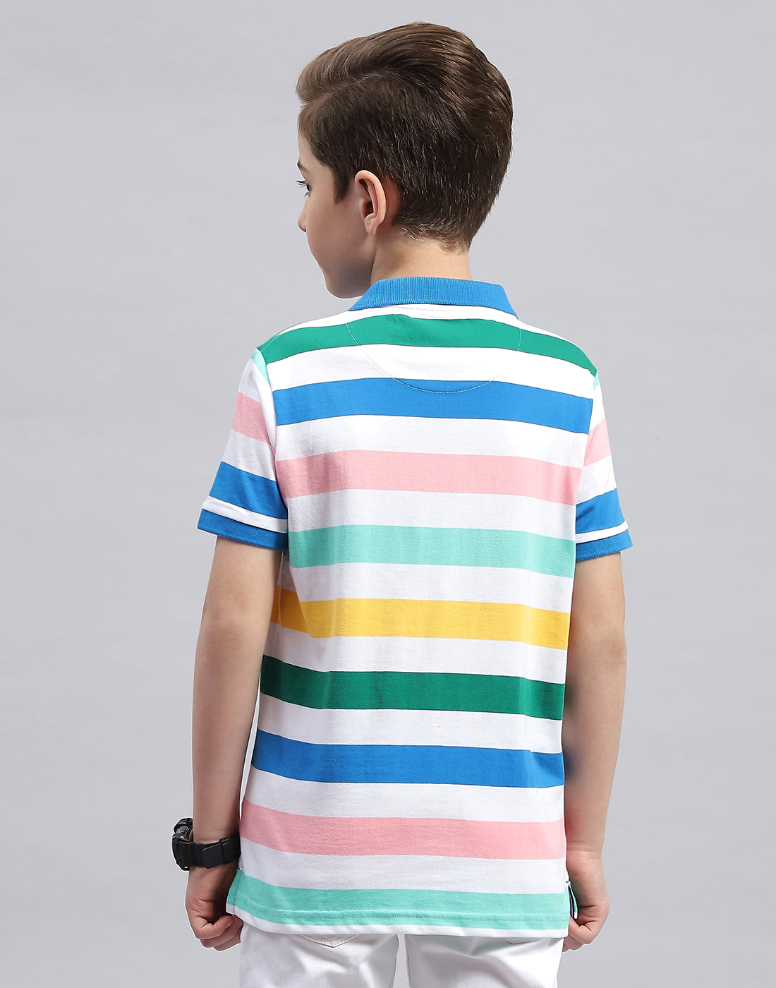 Boys White & Royal Blue Stripe Polo Collar Half Sleeve T-Shirt