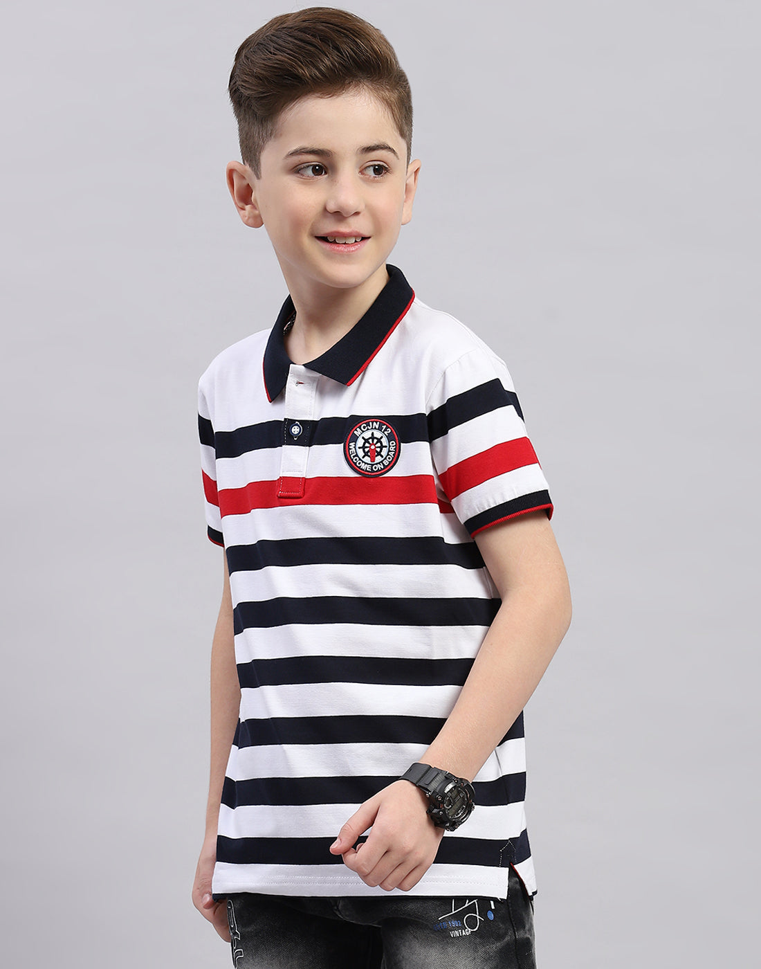 Boys White Stripe Polo Collar Half Sleeve T-Shirt