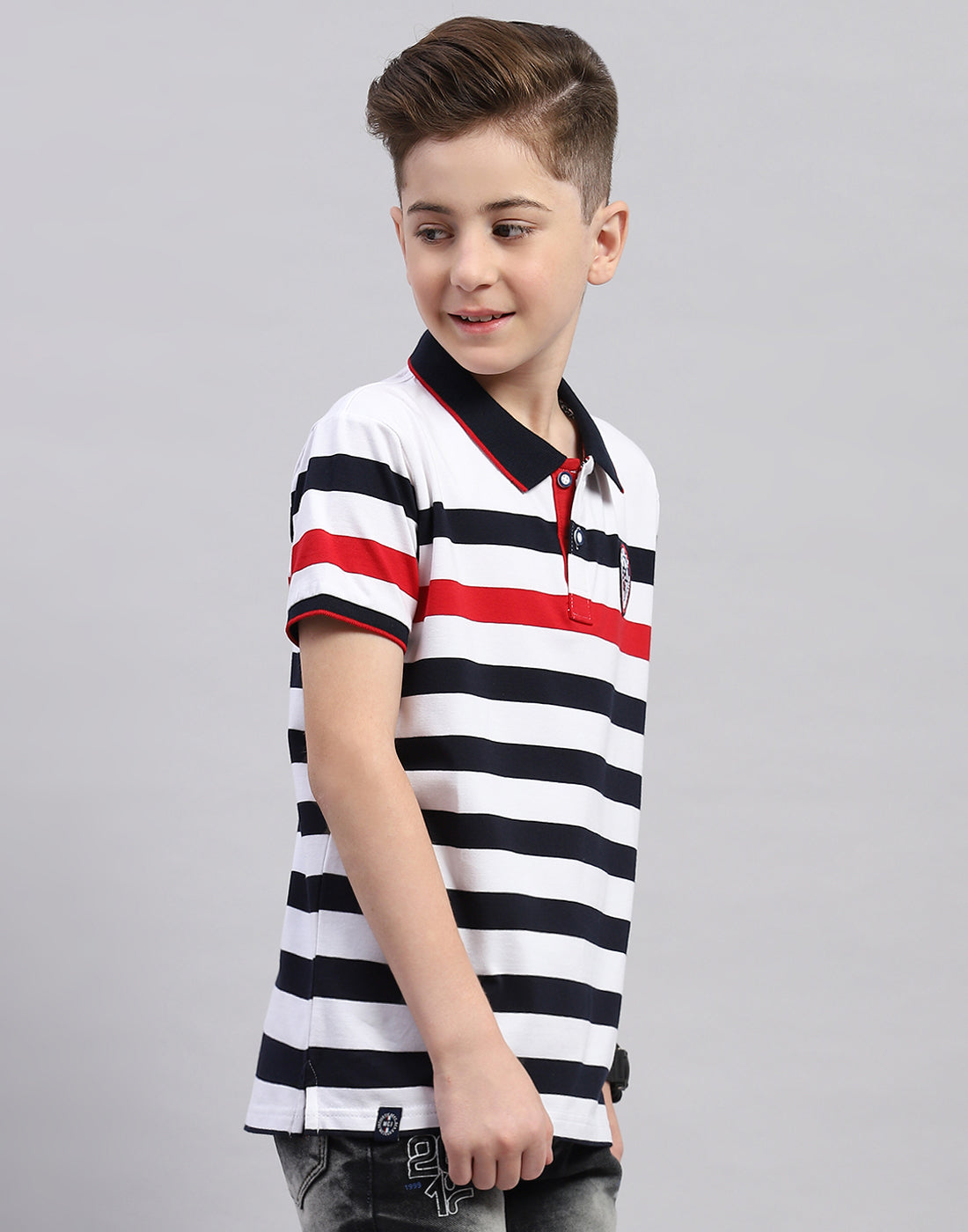 Boys White Stripe Polo Collar Half Sleeve T-Shirt