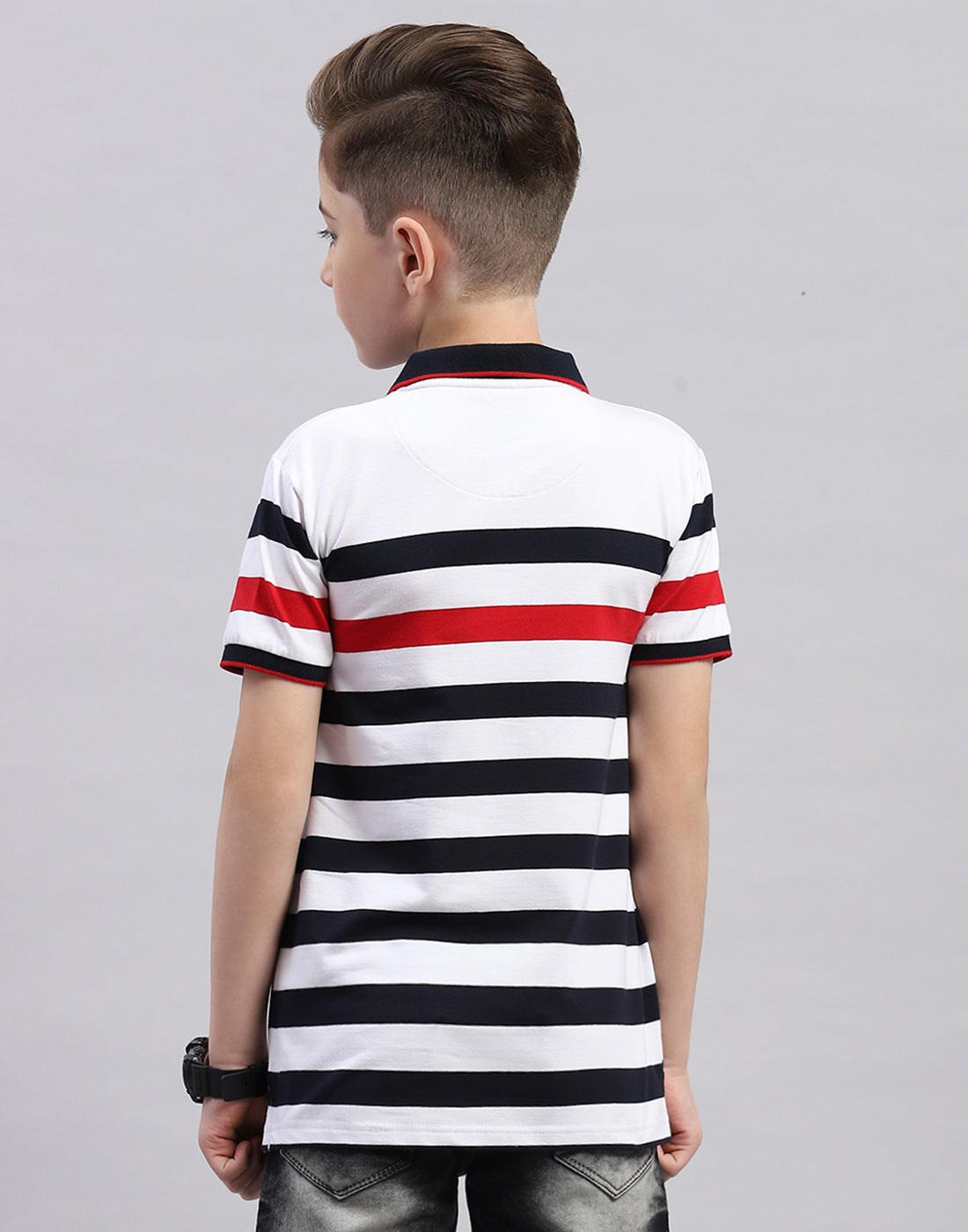 Boys White Stripe Polo Collar Half Sleeve T-Shirt