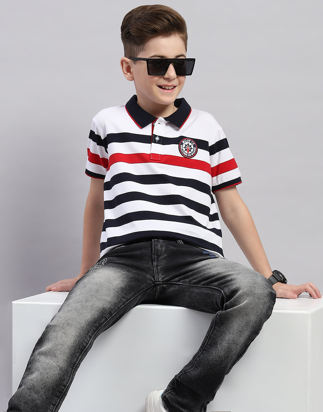 Boys White Stripe Polo Collar Half Sleeve T-Shirt