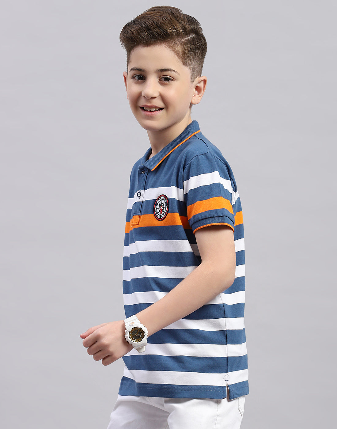 Boys Blue Stripe Polo Collar Half Sleeve T-Shirt