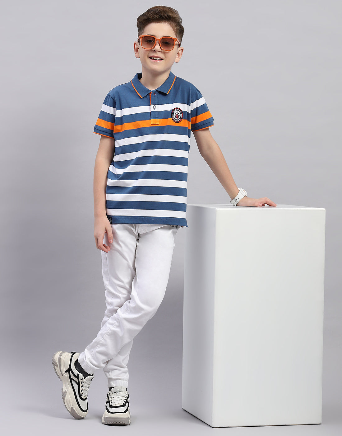 Boys Blue Stripe Polo Collar Half Sleeve T-Shirt