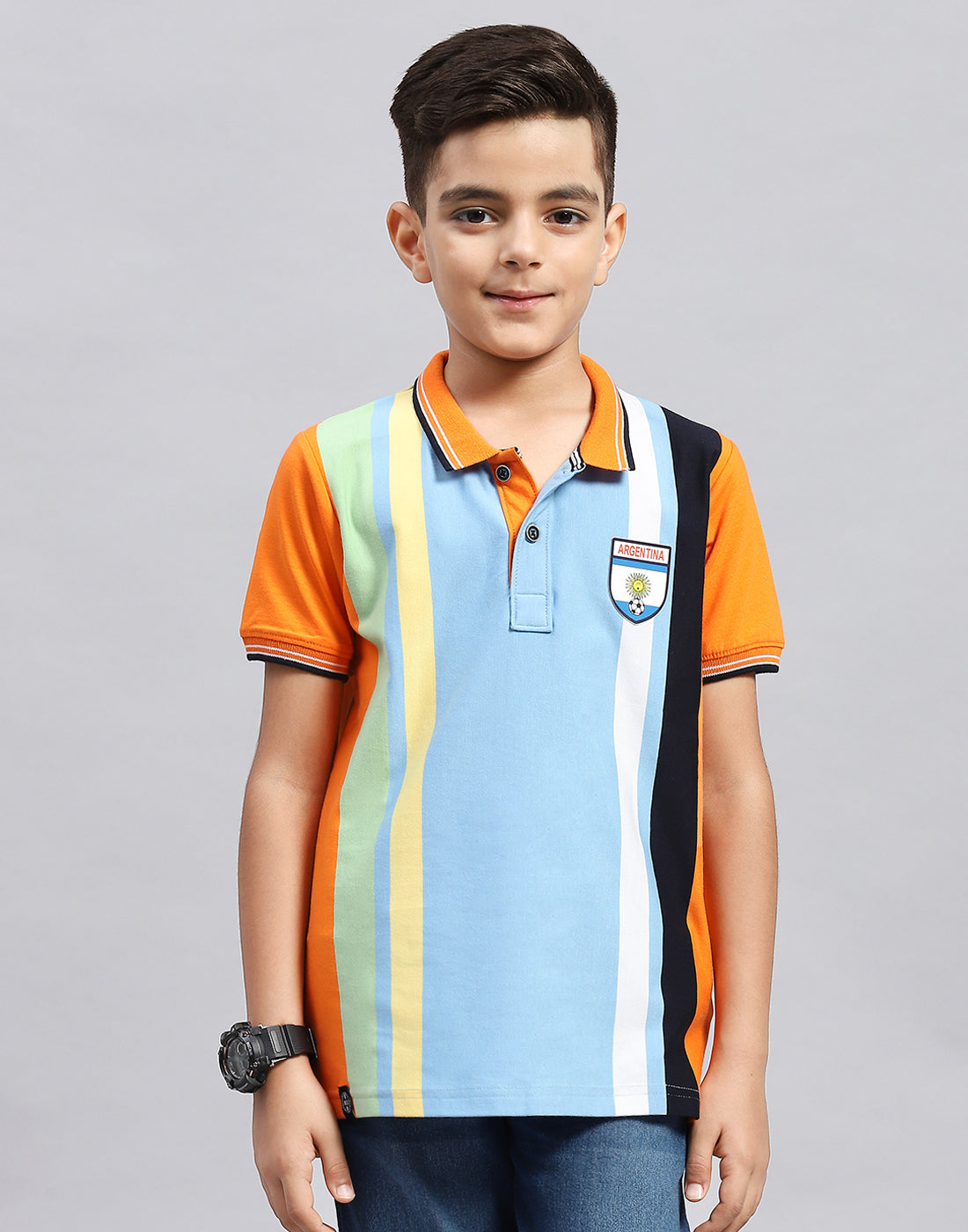 Boys Orange & Sky Blue Stripe Polo Collar Half Sleeve T-Shirt