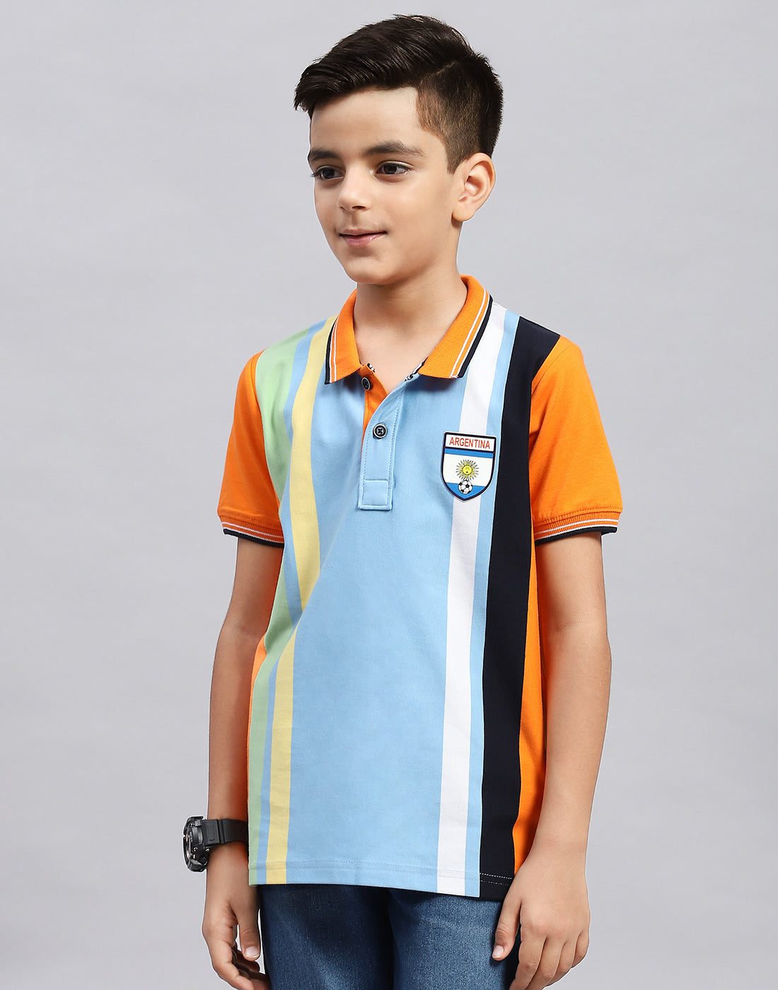 Boys Orange & Sky Blue Stripe Polo Collar Half Sleeve T-Shirt