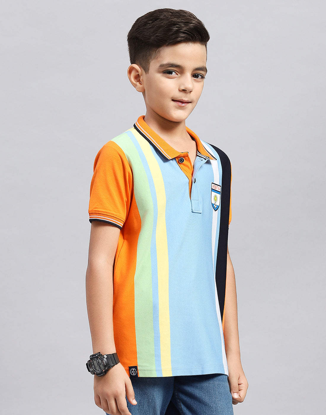 Boys Orange & Sky Blue Stripe Polo Collar Half Sleeve T-Shirt