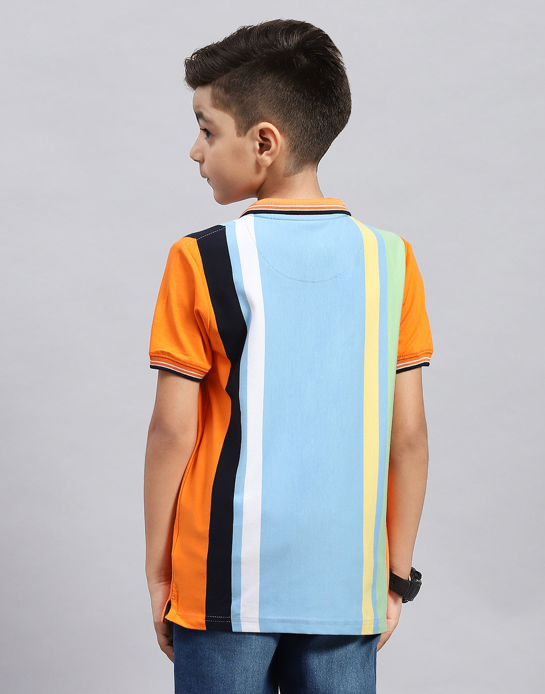 Boys Orange & Sky Blue Stripe Polo Collar Half Sleeve T-Shirt