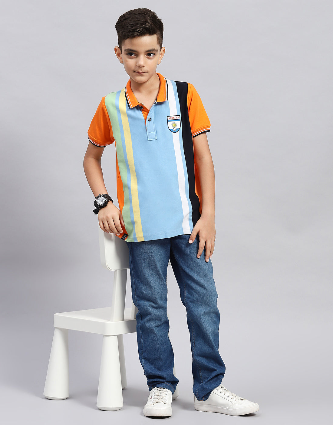 Boys Orange & Sky Blue Stripe Polo Collar Half Sleeve T-Shirt