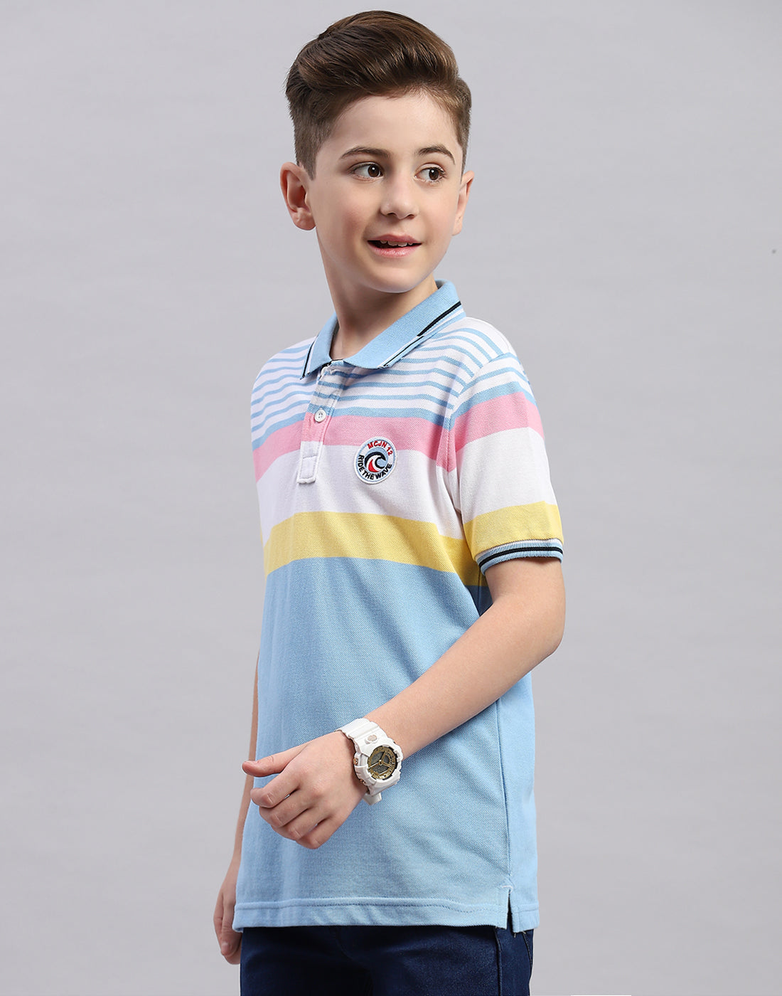 Boys Blue Stripe Polo Collar Half Sleeve T-Shirt