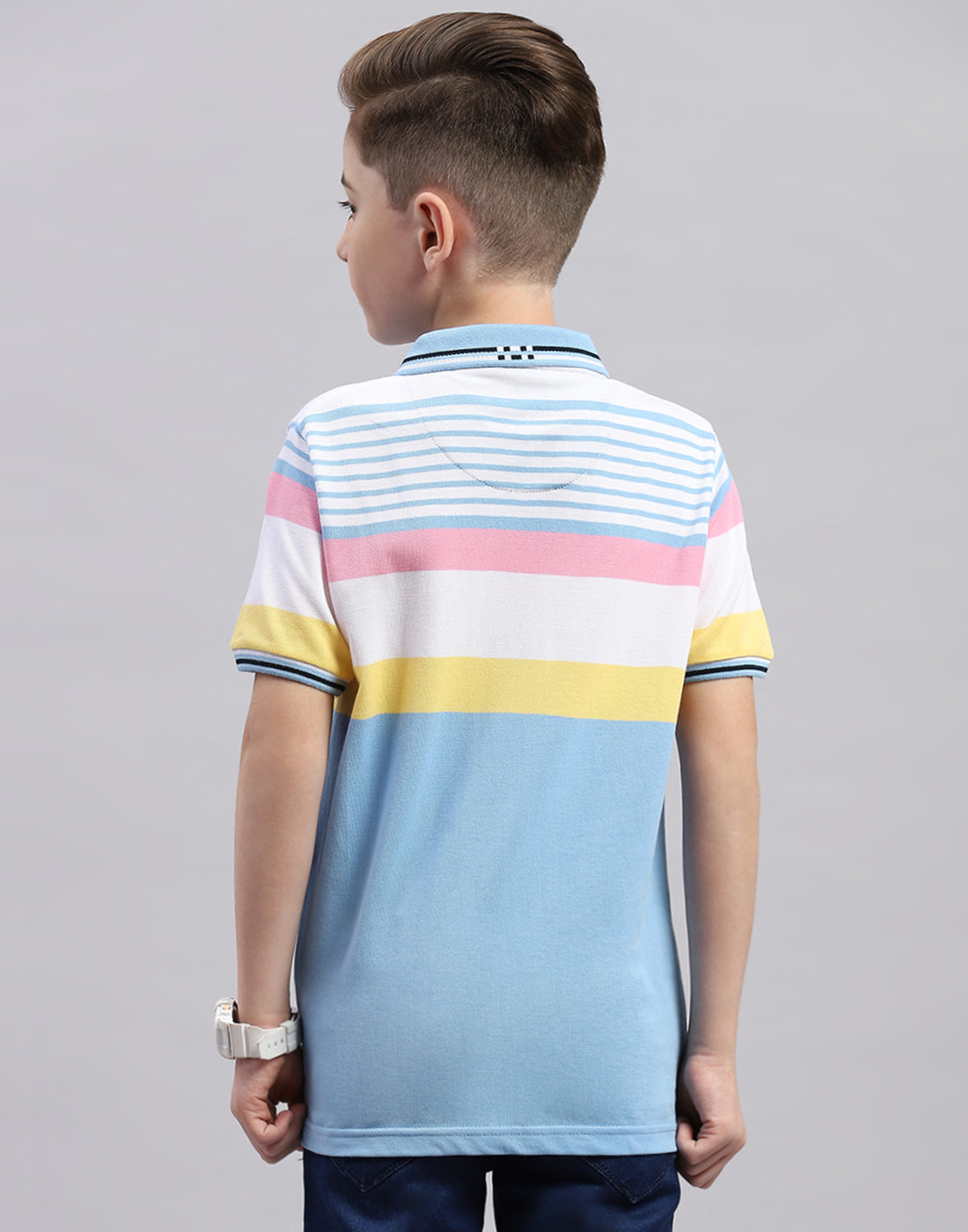 Boys Blue Stripe Polo Collar Half Sleeve T-Shirt