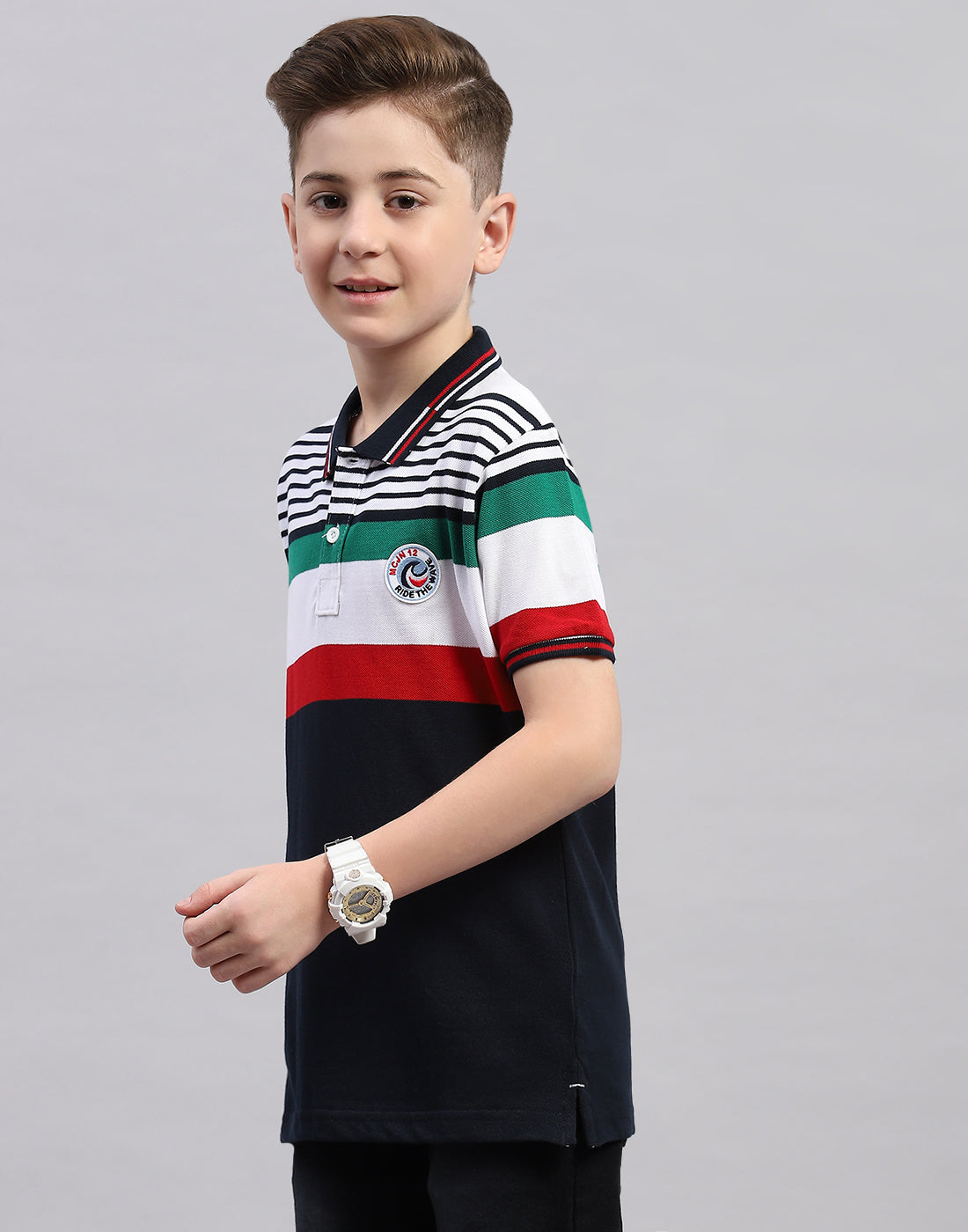 Boys Navy Blue Stripe Polo Collar Half Sleeve T-Shirt