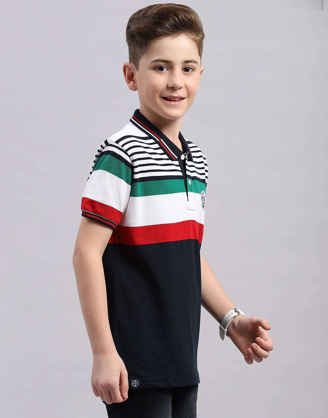 Boys Navy Blue Stripe Polo Collar Half Sleeve T-Shirt