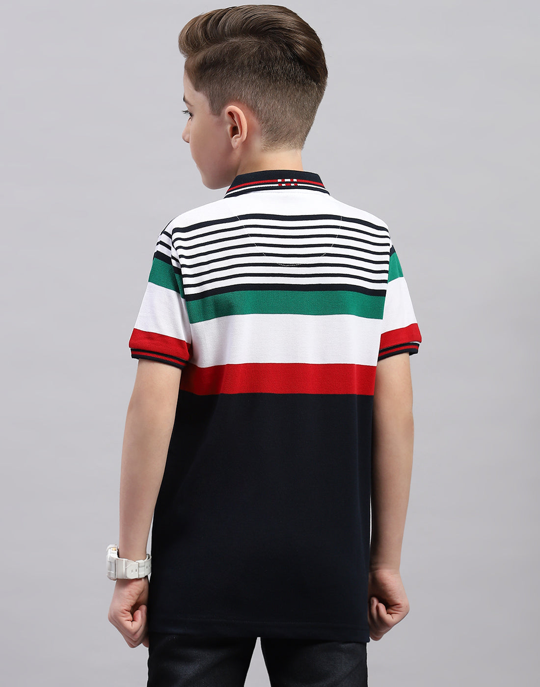 Boys Navy Blue Stripe Polo Collar Half Sleeve T-Shirt