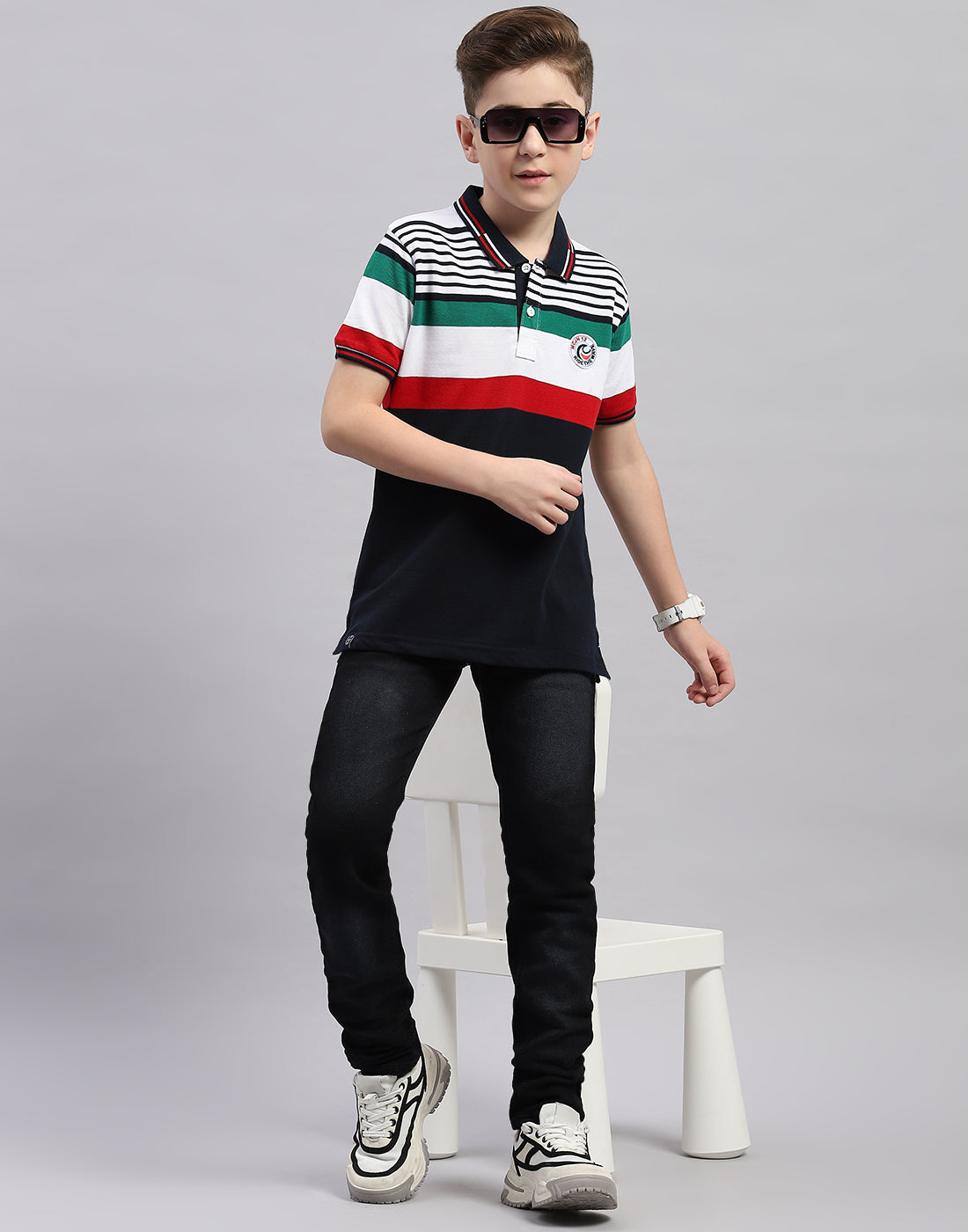 Boys Navy Blue Stripe Polo Collar Half Sleeve T-Shirt