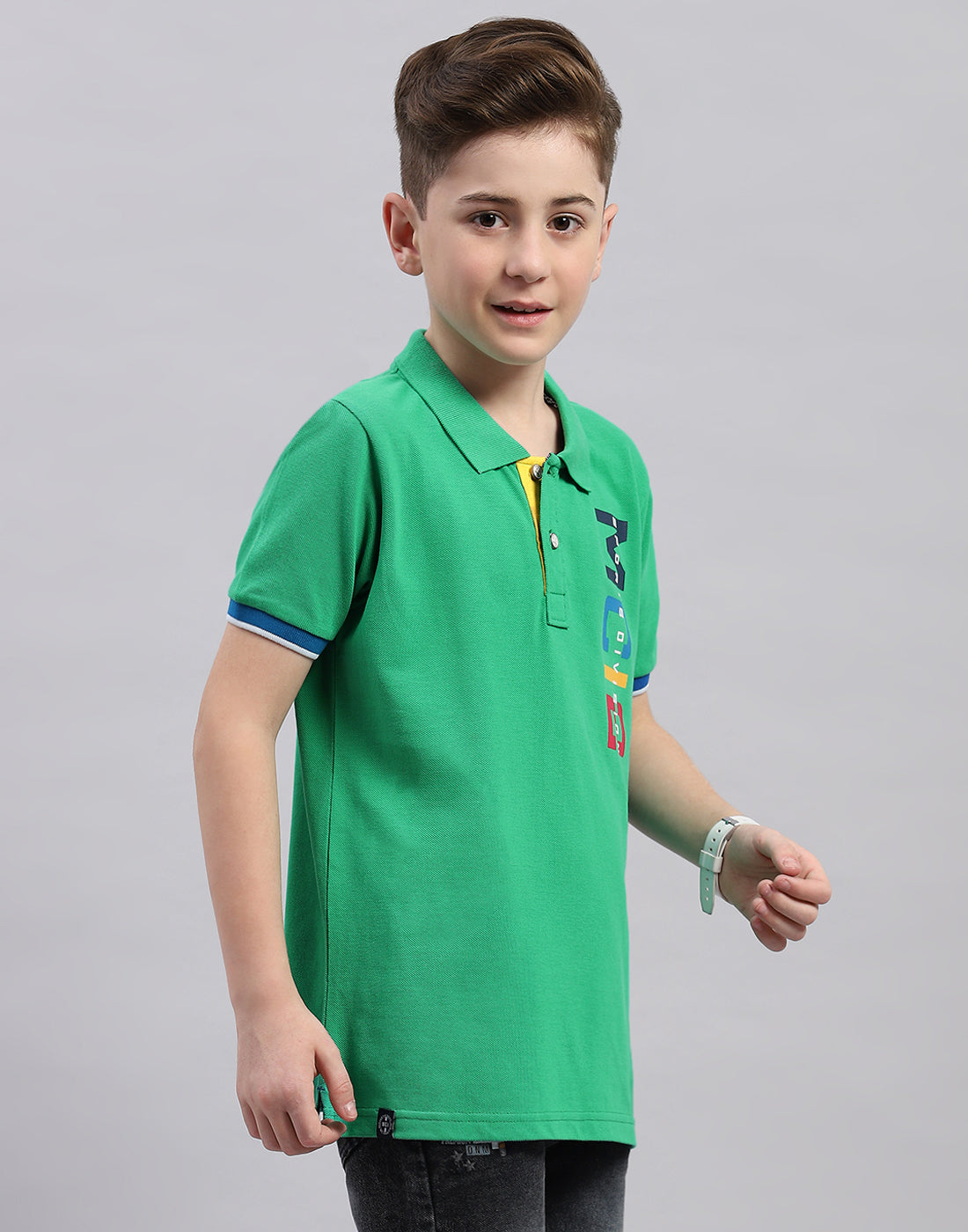 Boys Green Printed Polo Collar Half Sleeve T-Shirt