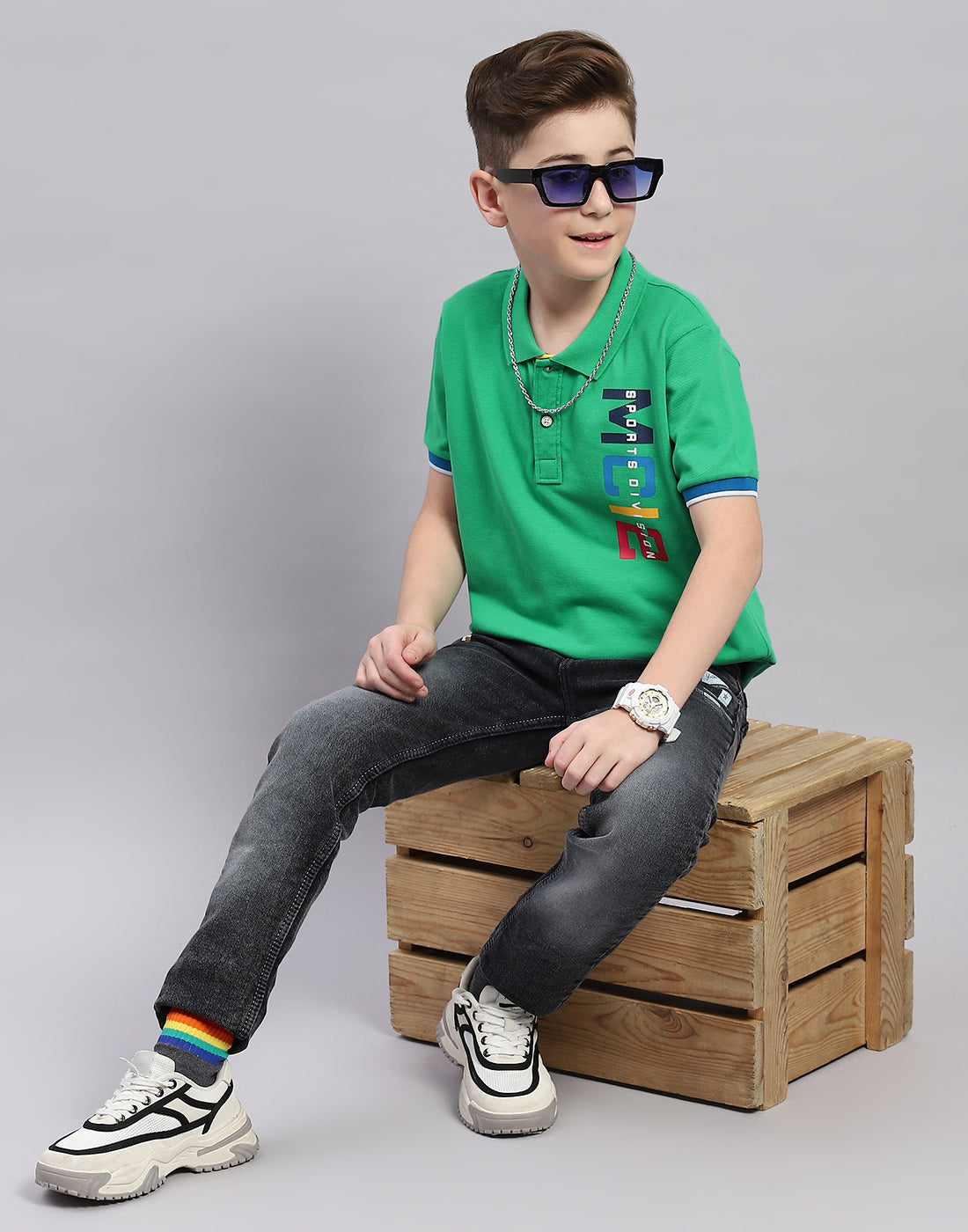 Boys Green Printed Polo Collar Half Sleeve T-Shirt