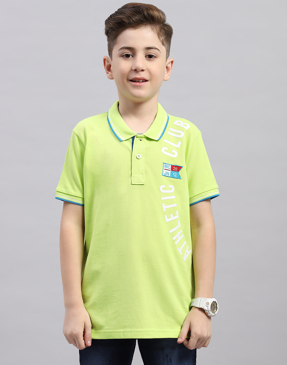 Boys Fluorescent Green Printed Polo Collar Half Sleeve T-Shirt