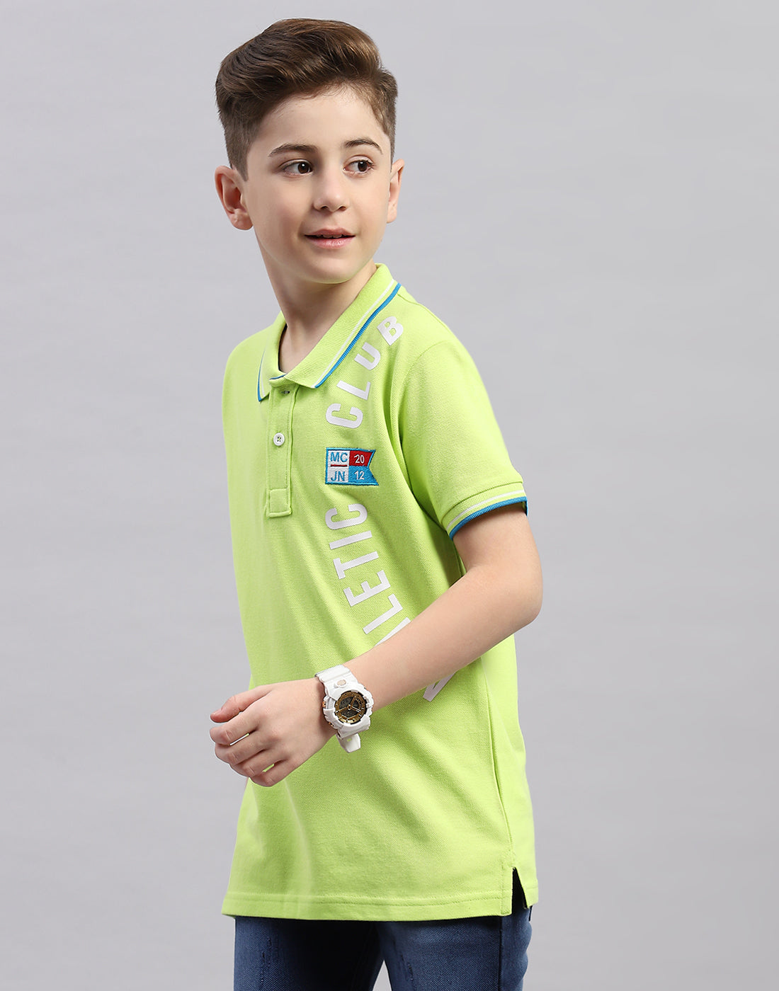 Boys Fluorescent Green Printed Polo Collar Half Sleeve T-Shirt