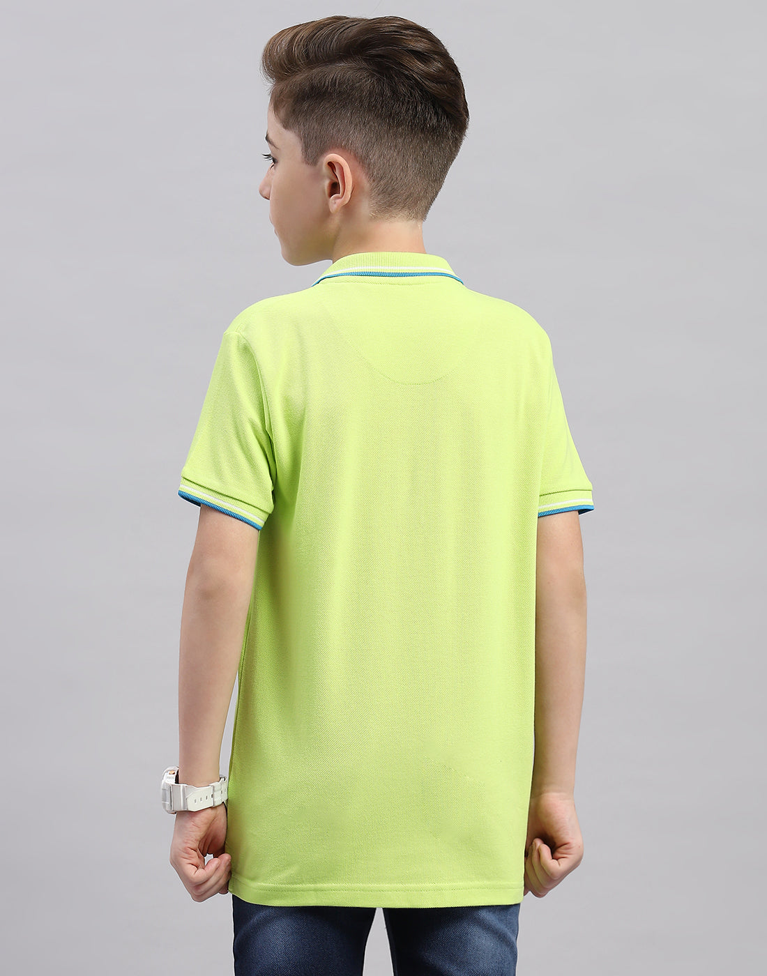 Boys Fluorescent Green Printed Polo Collar Half Sleeve T-Shirt