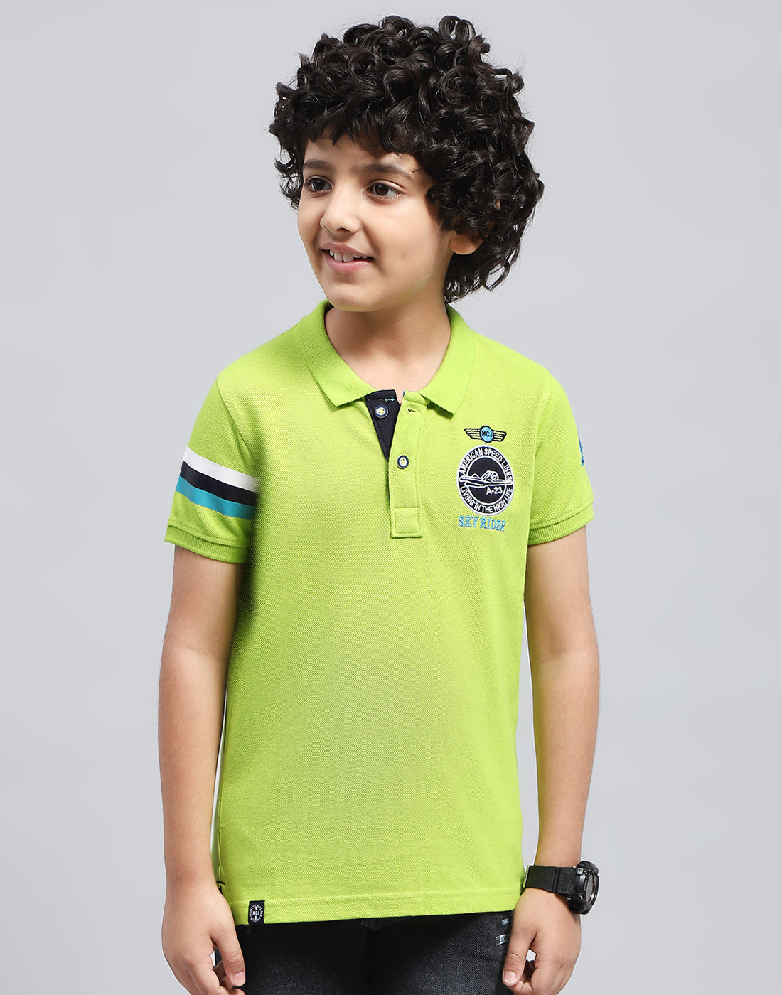 Boys Green Printed Polo Collar Half Sleeve T-Shirt