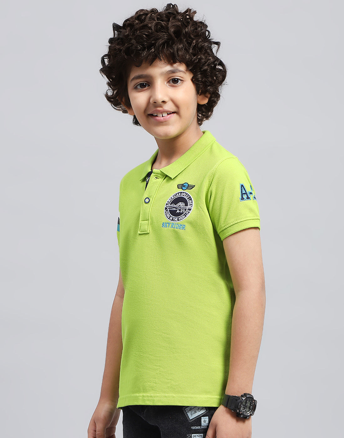 Boys Green Printed Polo Collar Half Sleeve T-Shirt