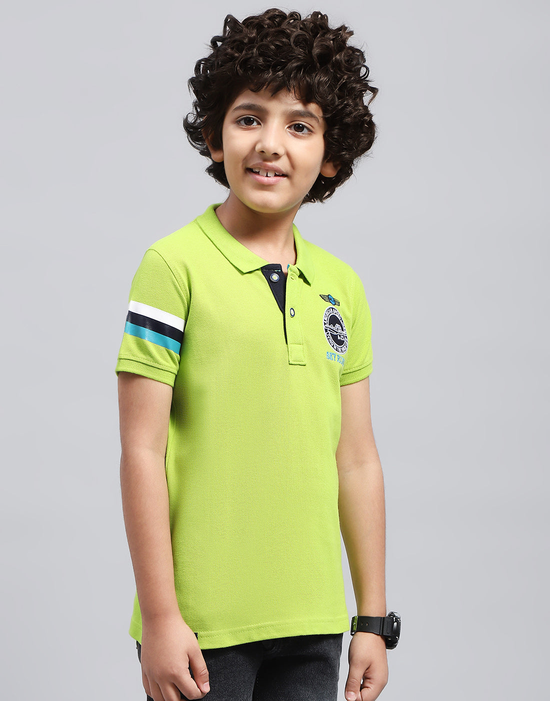 Boys Green Printed Polo Collar Half Sleeve T-Shirt