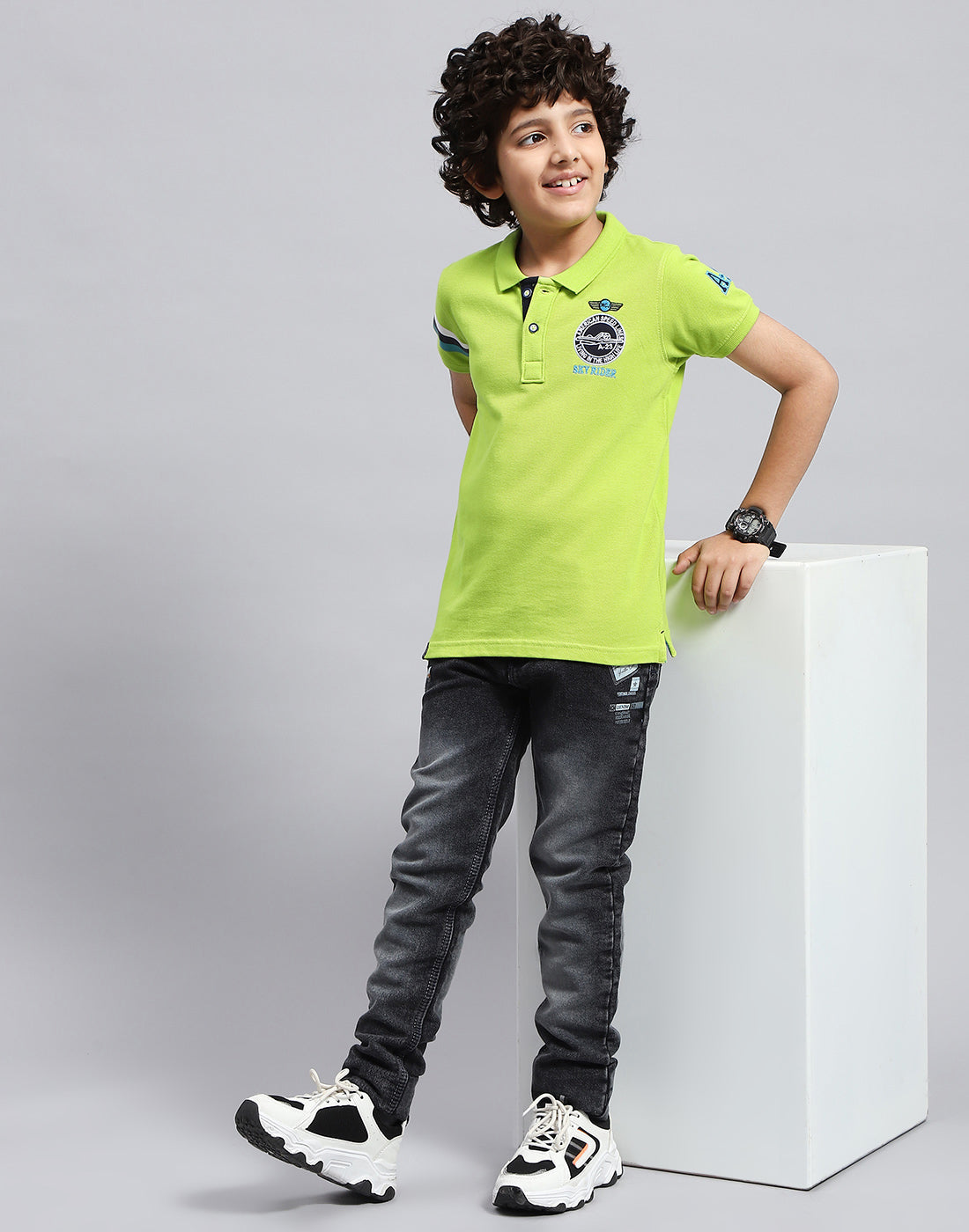 Boys Green Printed Polo Collar Half Sleeve T-Shirt