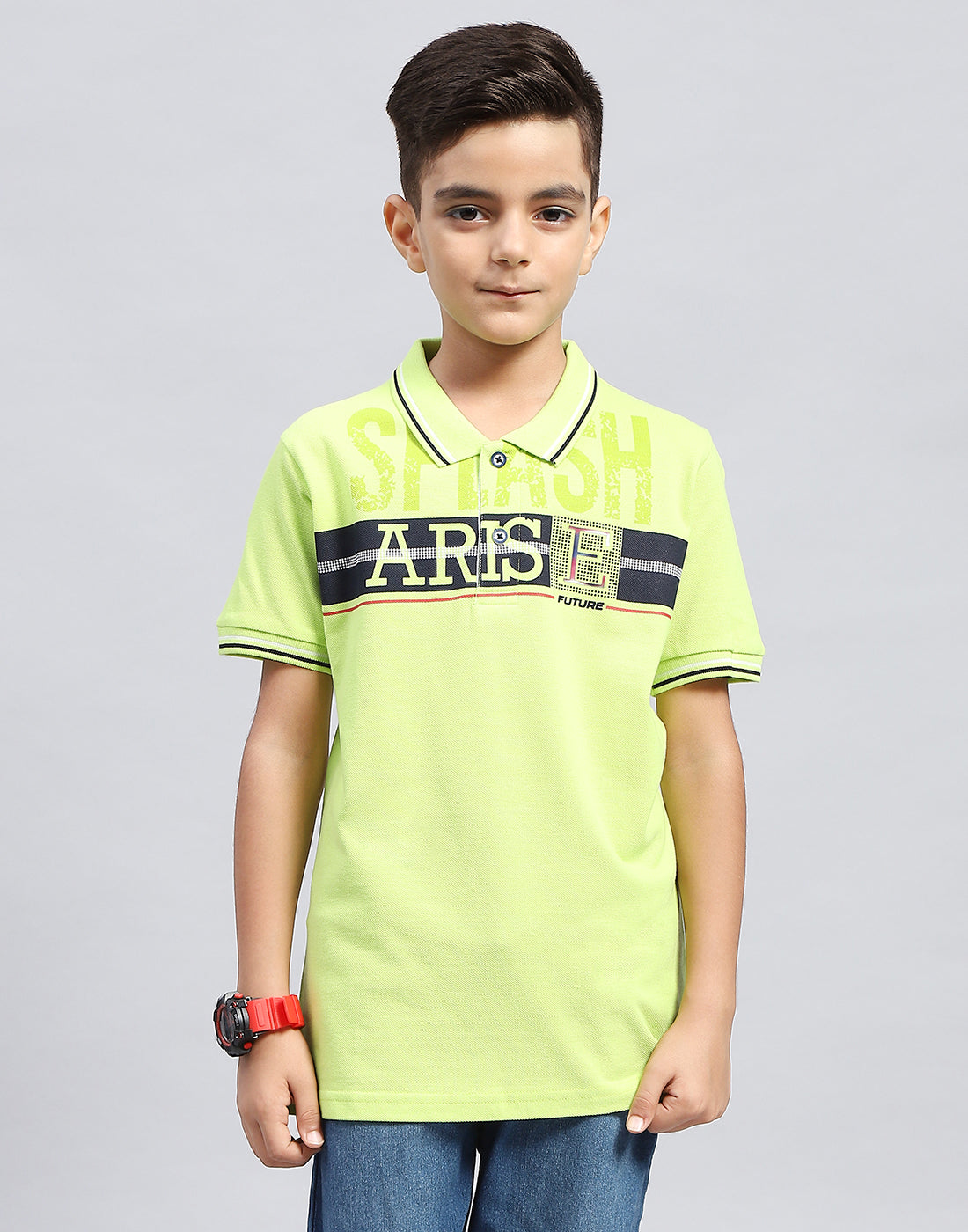 Boys Green Printed Polo Collar Half Sleeve T-Shirt