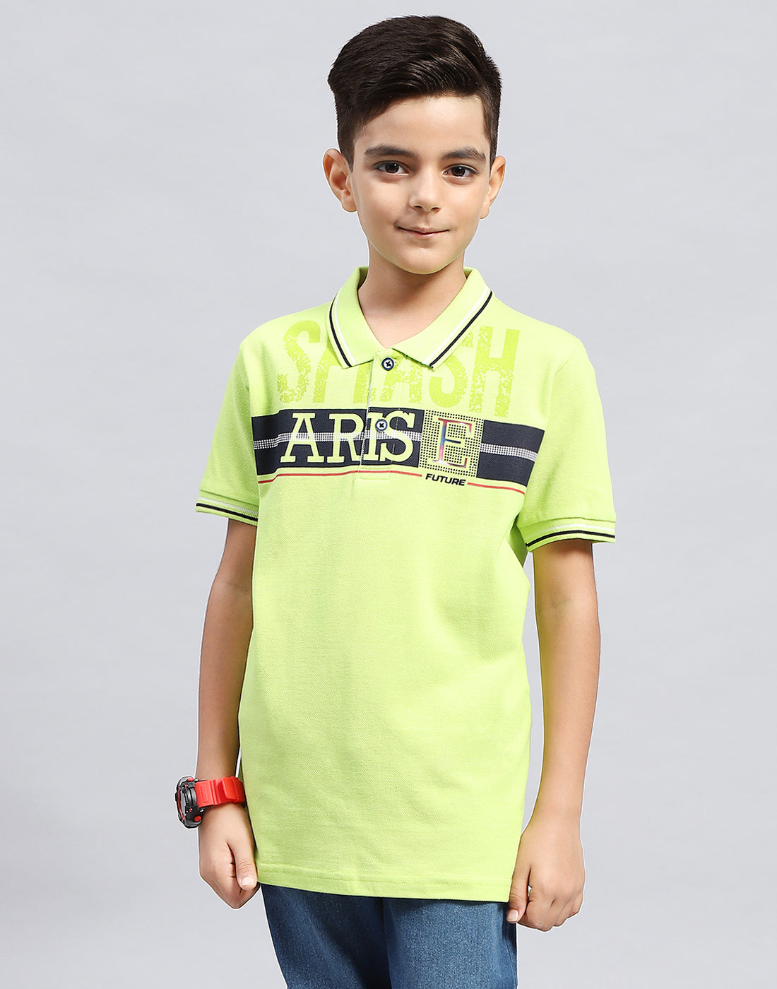 Boys Green Printed Polo Collar Half Sleeve T-Shirt