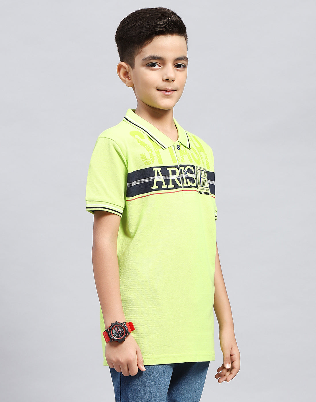 Boys Green Printed Polo Collar Half Sleeve T-Shirt