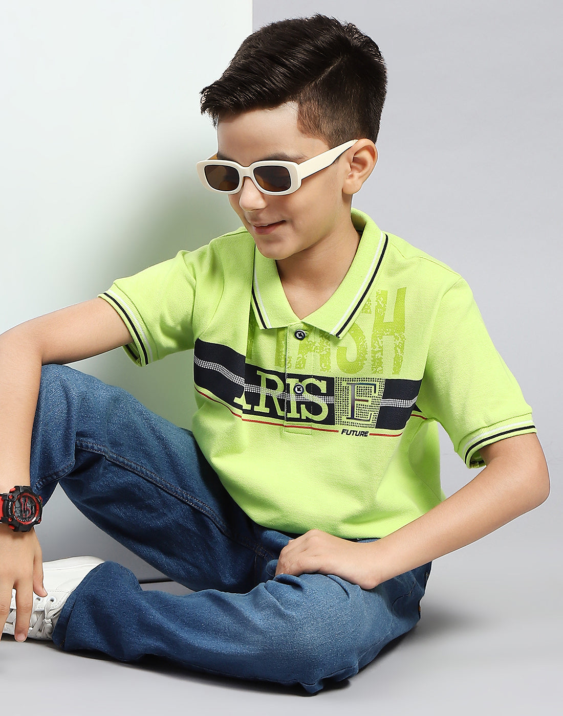 Boys Green Printed Polo Collar Half Sleeve T-Shirt