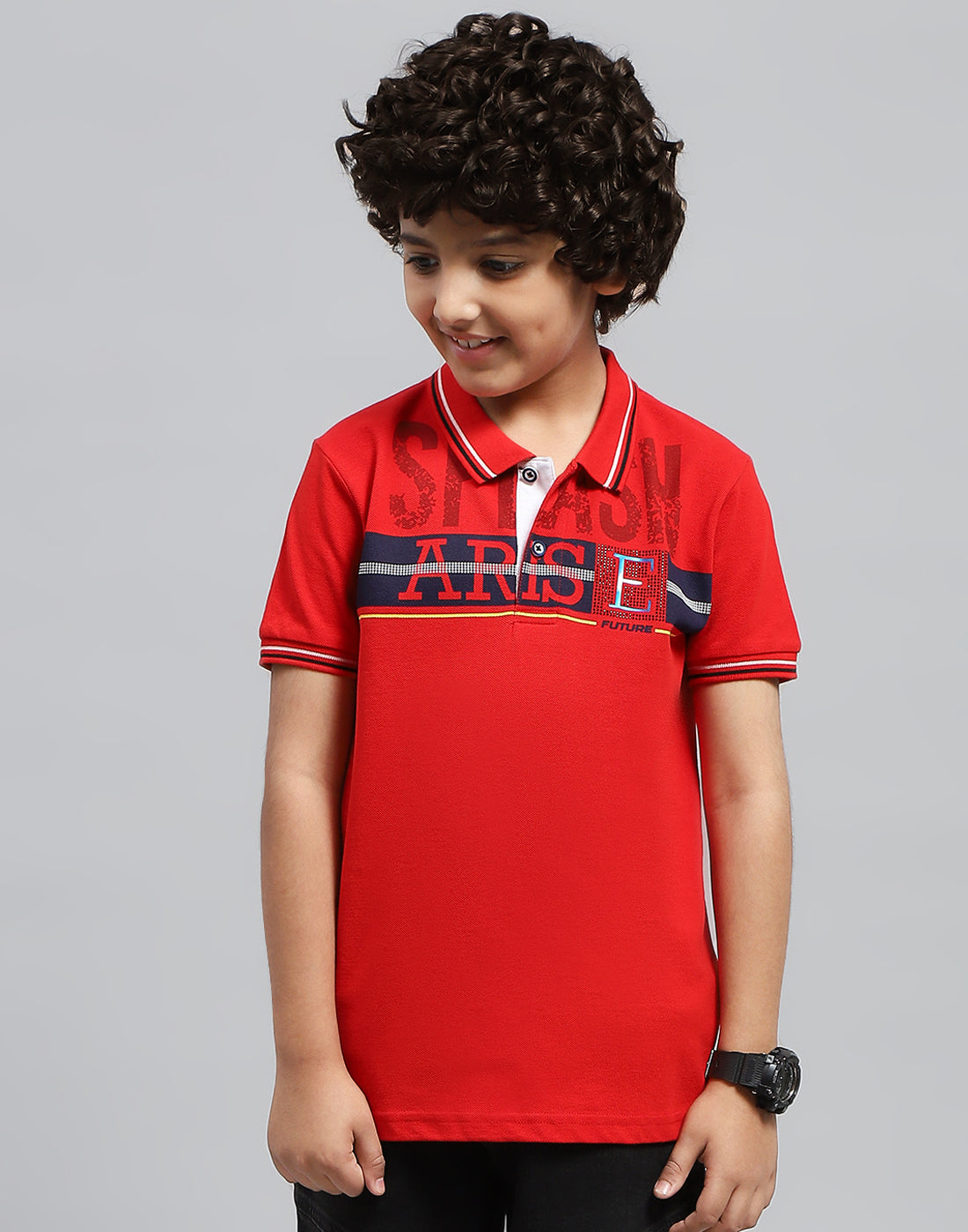 Boys Red Printed Polo Collar Half Sleeve T-Shirt