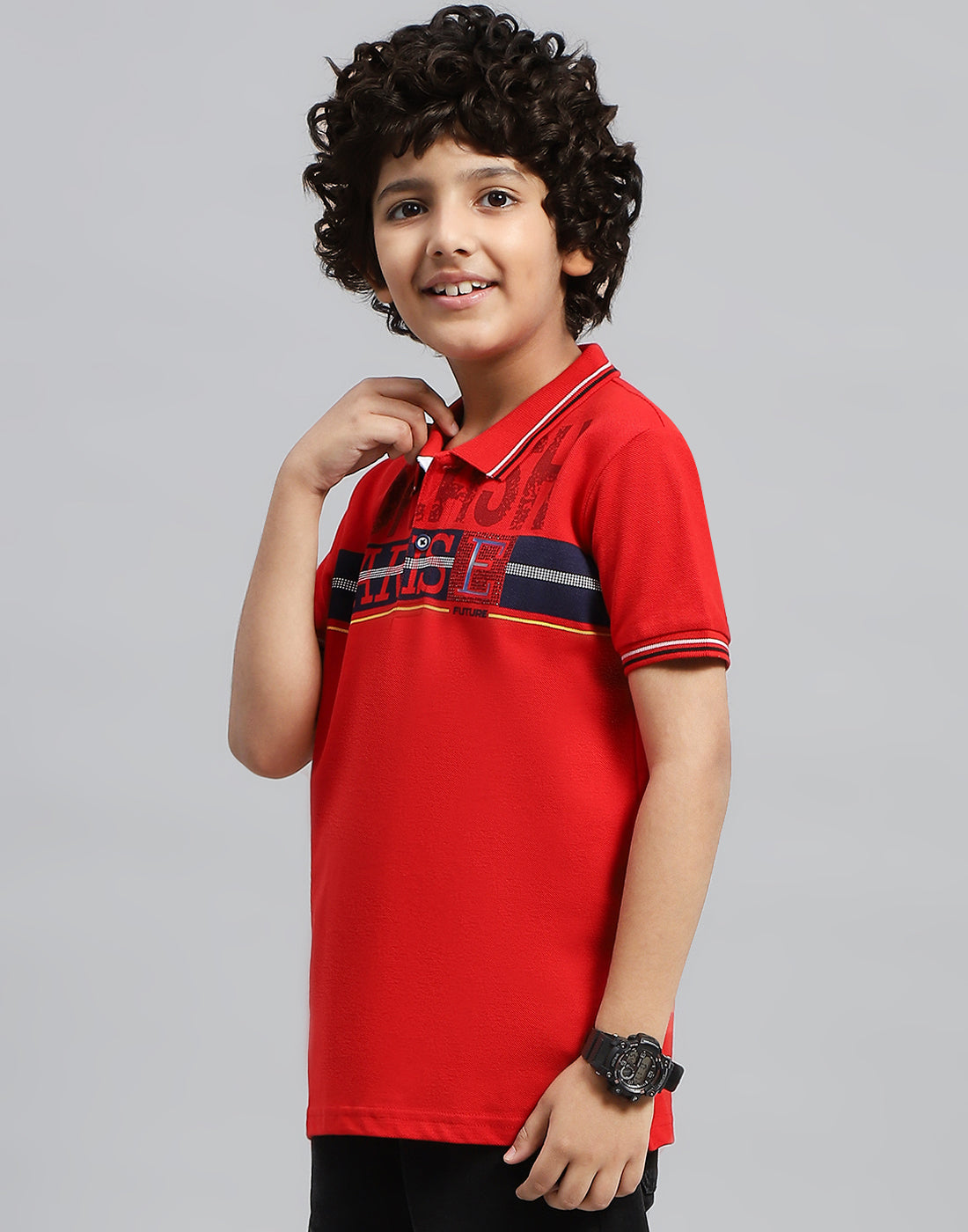 Boys Red Printed Polo Collar Half Sleeve T-Shirt