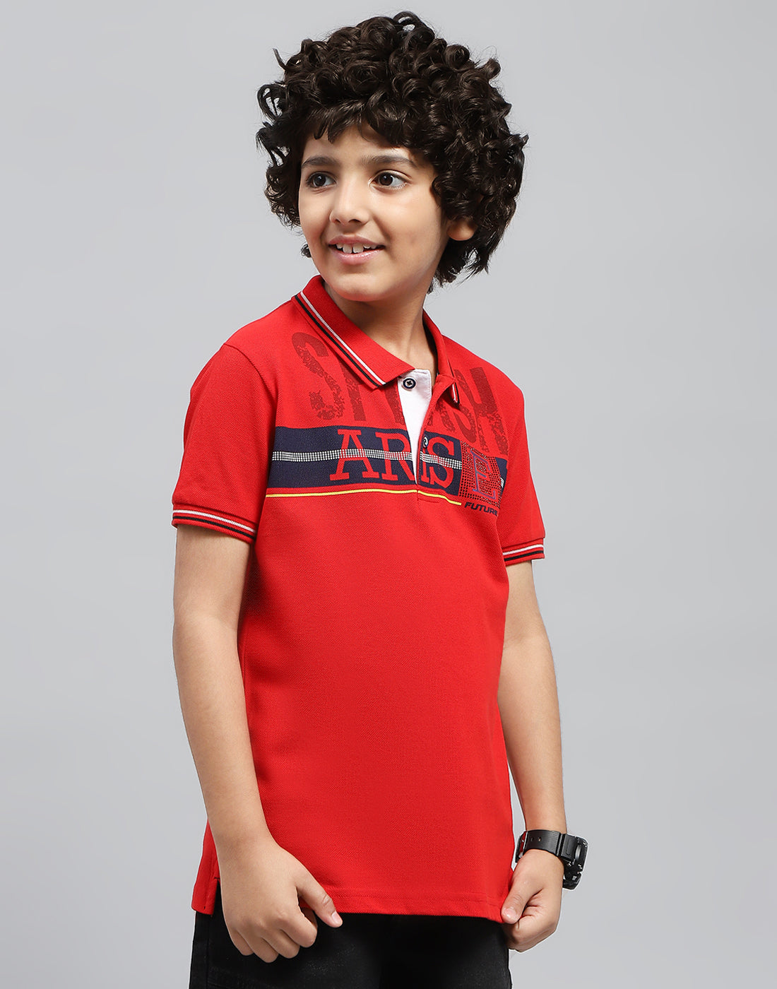 Boys Red Printed Polo Collar Half Sleeve T-Shirt