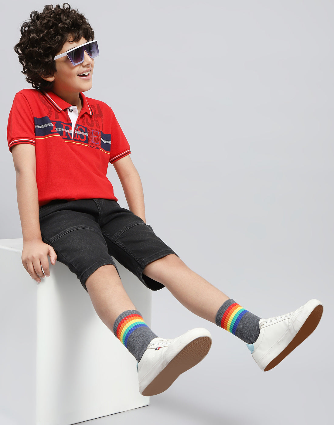 Boys Red Printed Polo Collar Half Sleeve T-Shirt