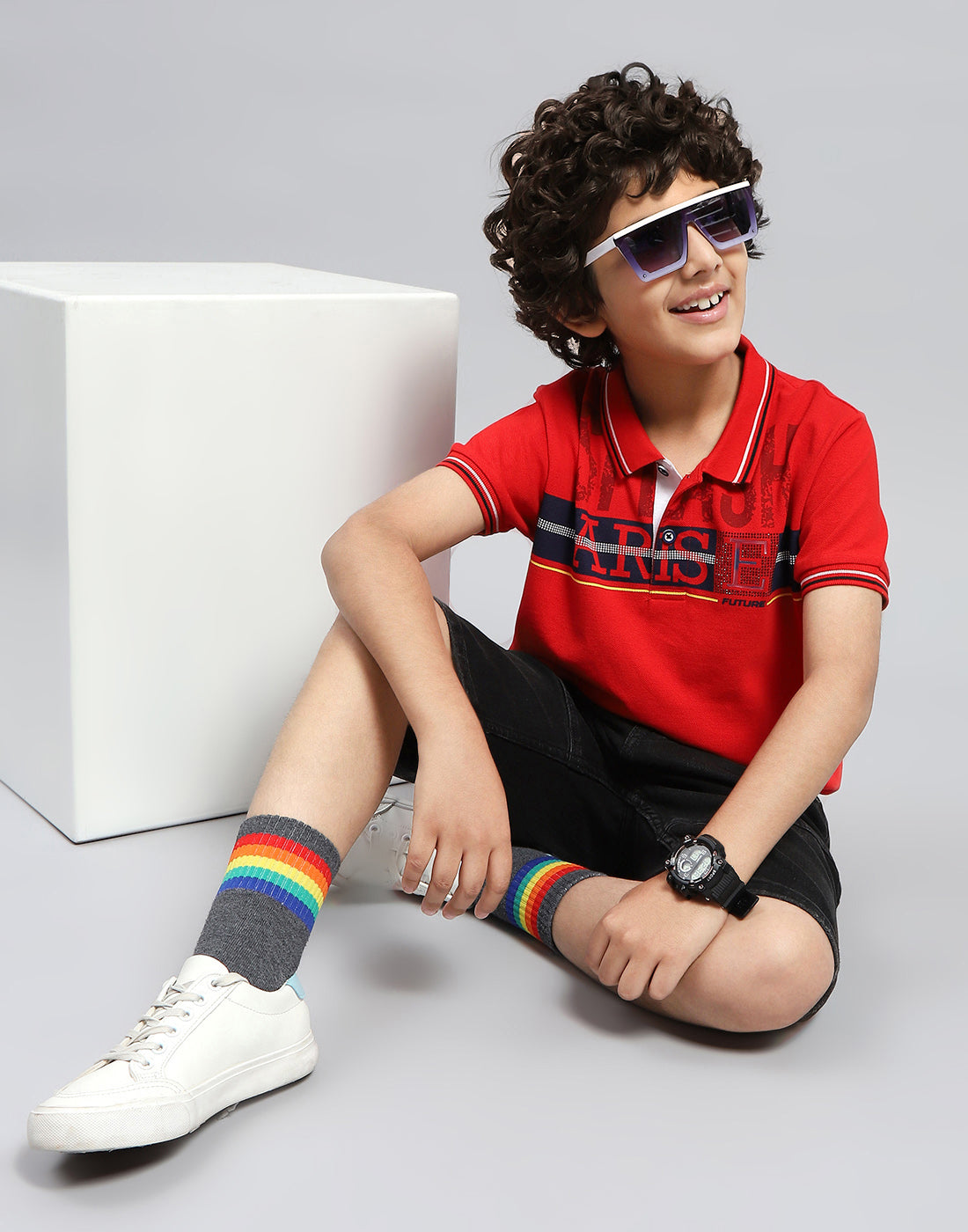 Boys Red Printed Polo Collar Half Sleeve T-Shirt