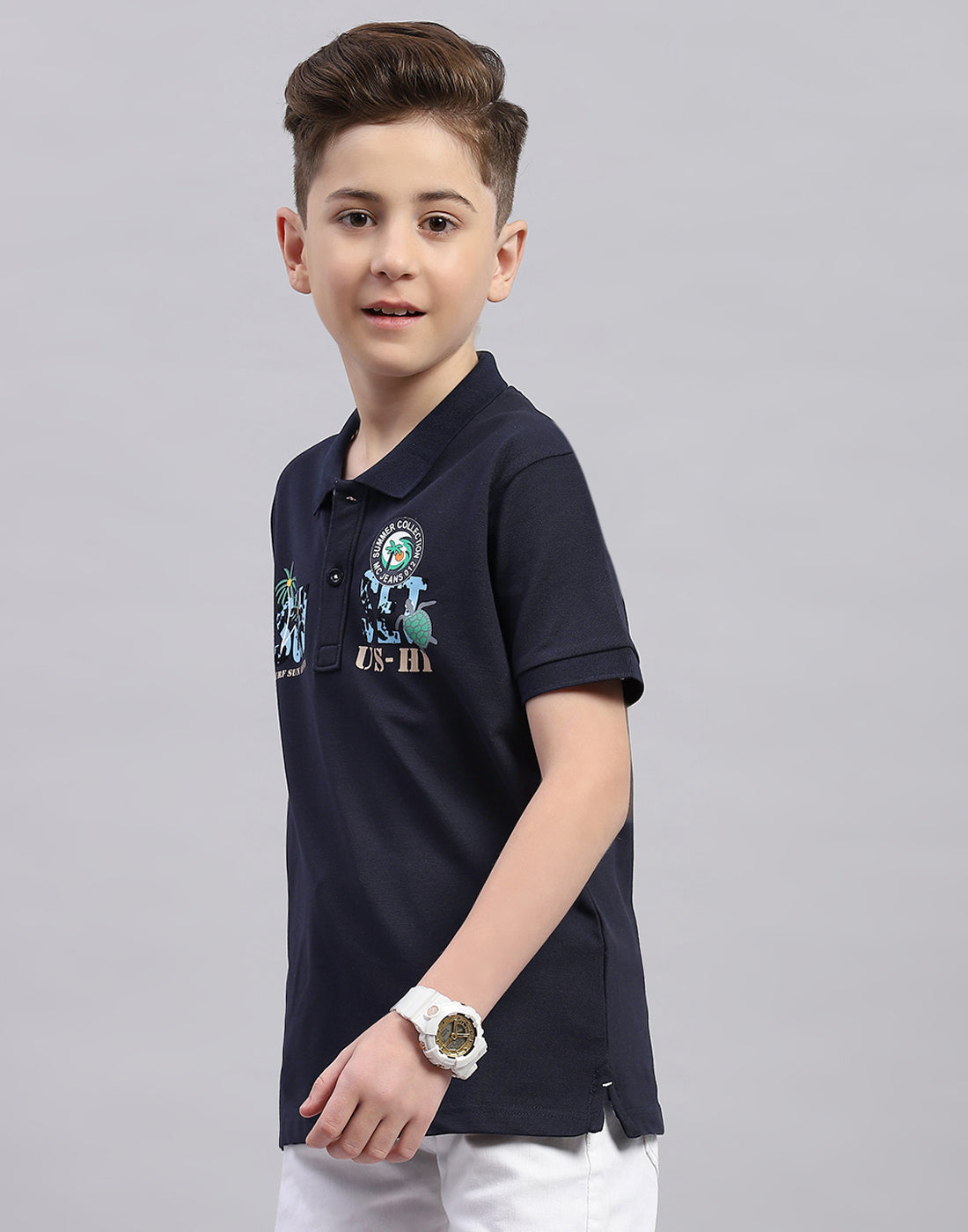 Boys Navy Blue Printed Polo Collar Half Sleeve T-Shirt