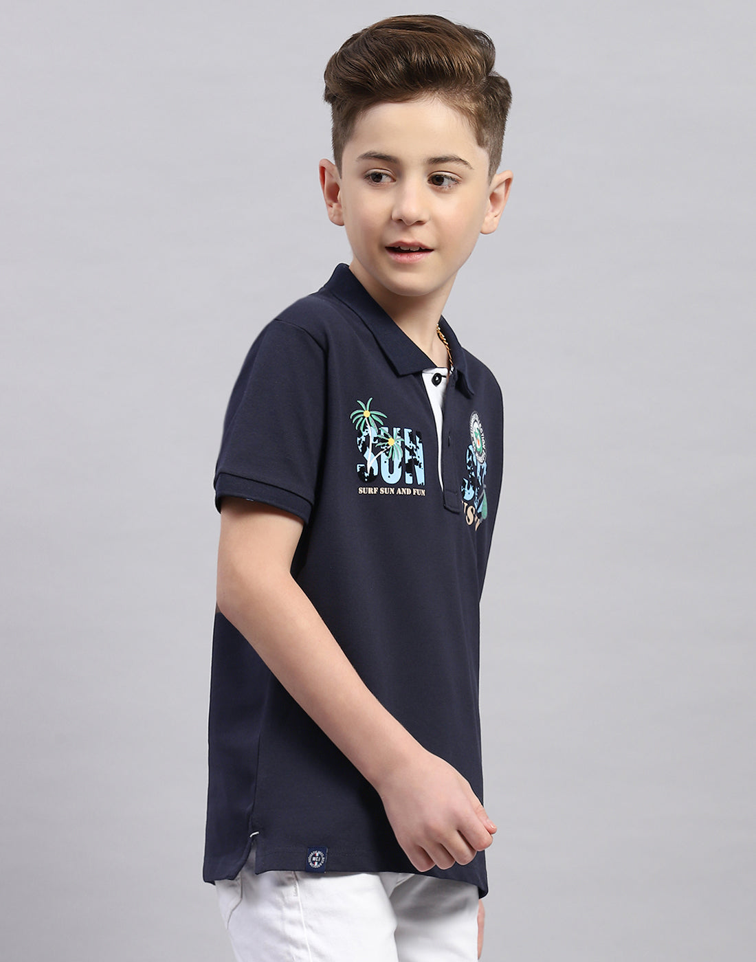 Boys Navy Blue Printed Polo Collar Half Sleeve T-Shirt