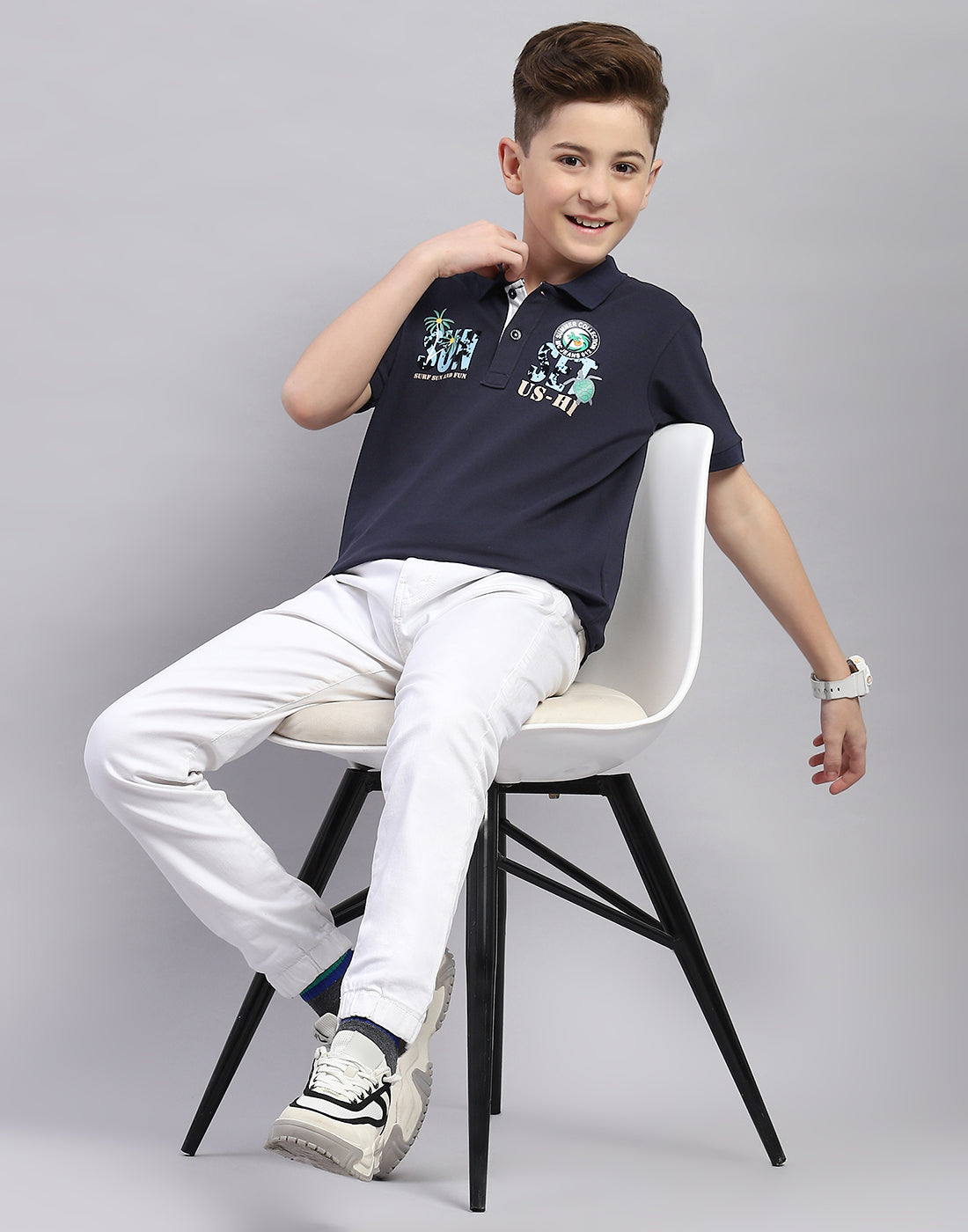 Boys Navy Blue Printed Polo Collar Half Sleeve T-Shirt