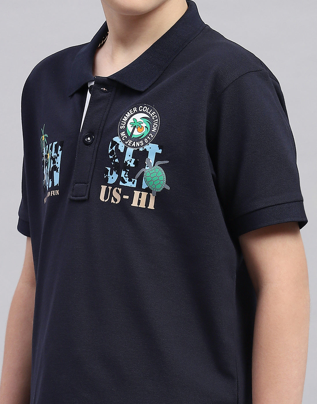 Boys Navy Blue Printed Polo Collar Half Sleeve T-Shirt