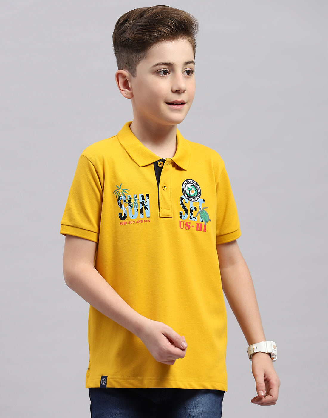 Boys Mustard Printed Polo Collar Half Sleeve T-Shirt