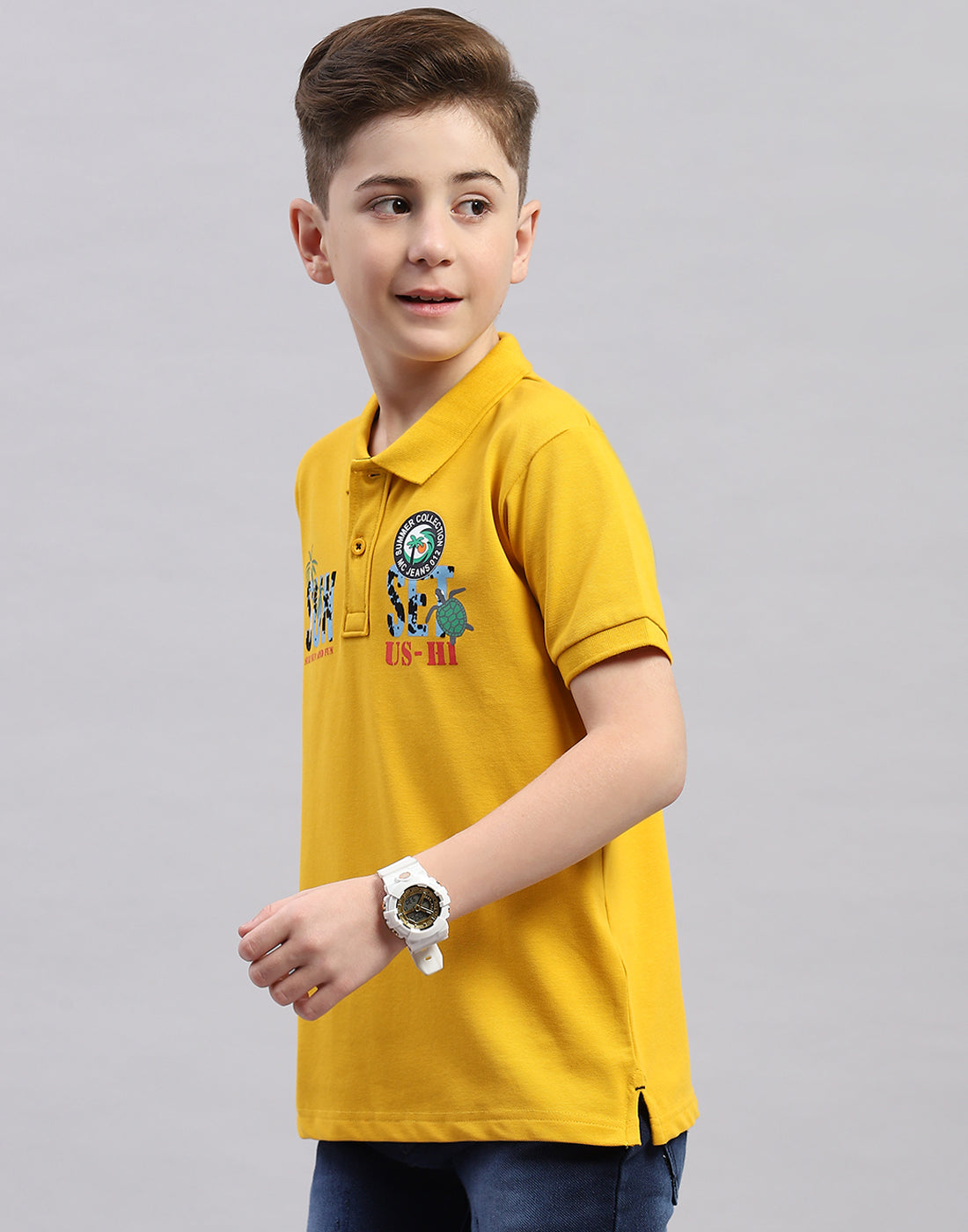 Boys Mustard Printed Polo Collar Half Sleeve T-Shirt