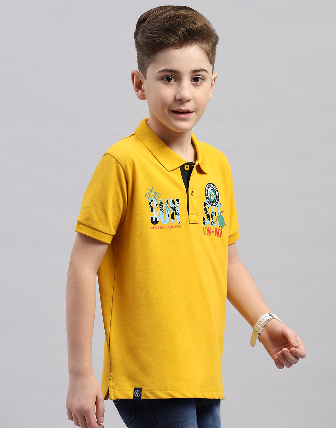 Boys Mustard Printed Polo Collar Half Sleeve T-Shirt