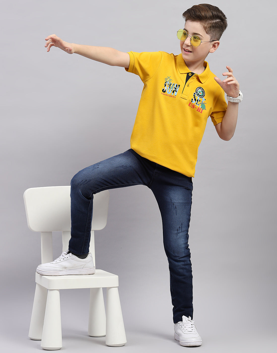 Boys Mustard Printed Polo Collar Half Sleeve T-Shirt